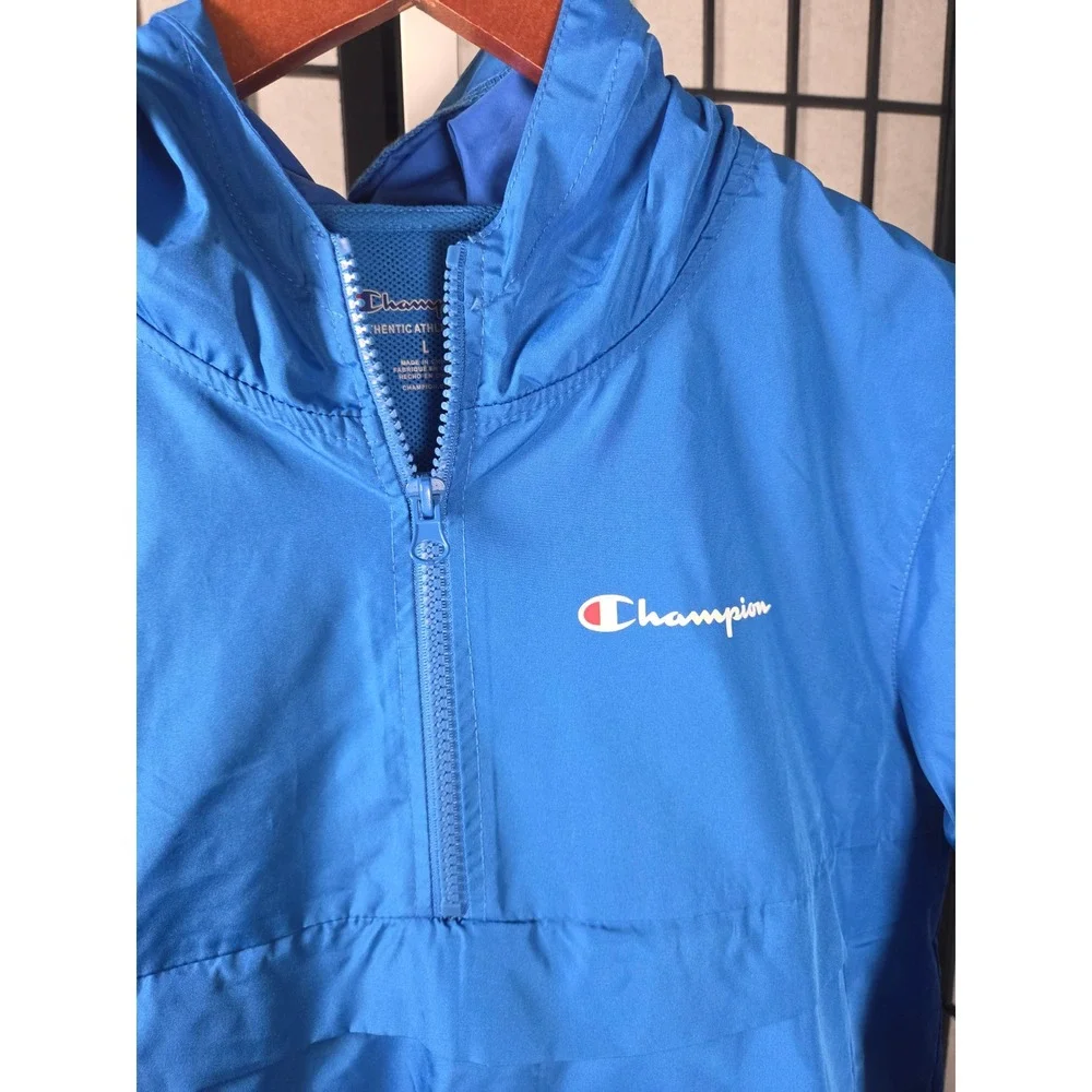 Champion Mens Blue Packable Anorak Windbreaker Jacket Script Logo Size L